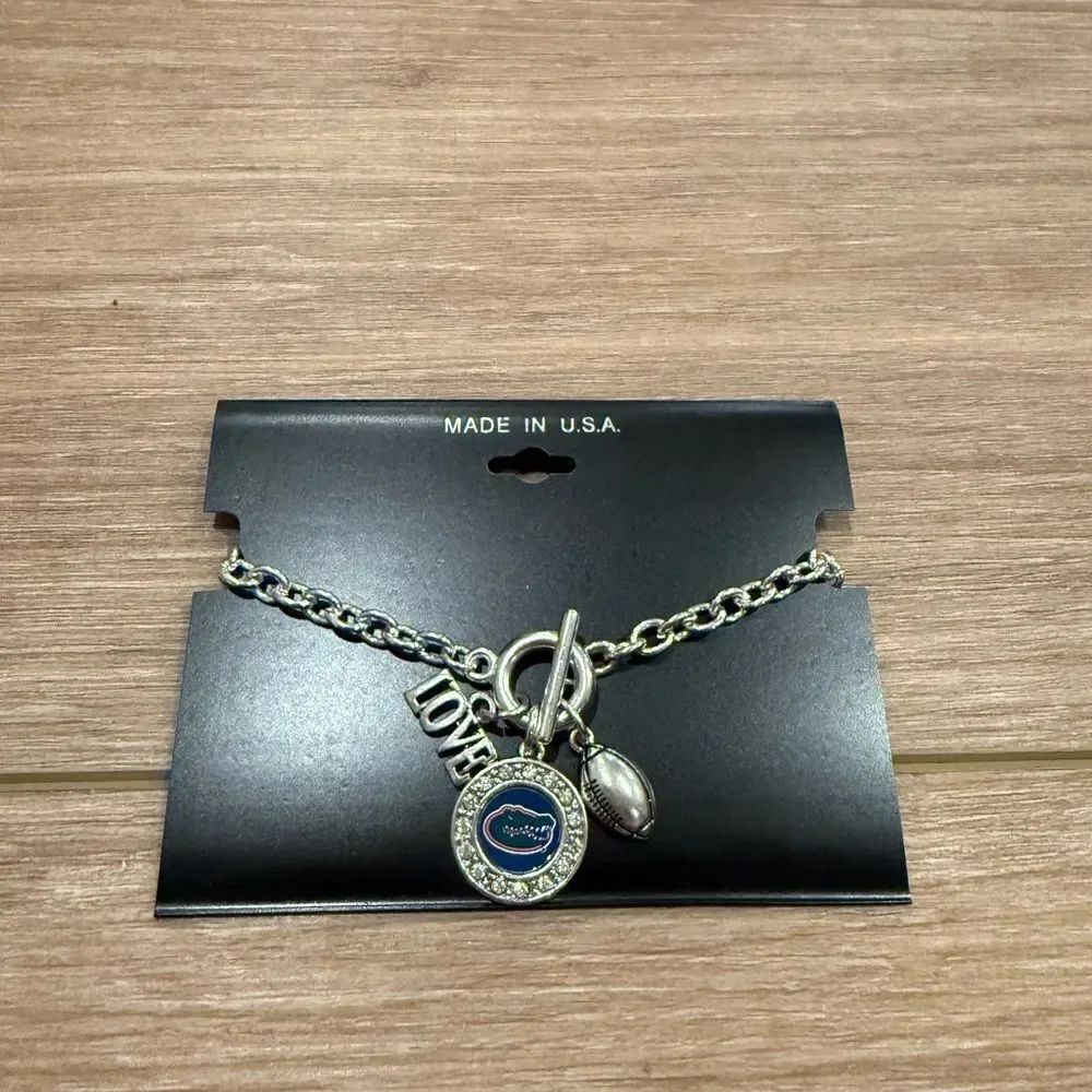 University of Florida Silver Chain Charm Bracelet with Love and Football Pendant